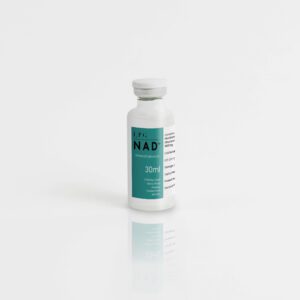 A 30ml vial of LPG NAD+ 1000mg, a premium IV supplement designed to boost energy and support DNA repair, with a teal and white label featuring product details and storage instructions.