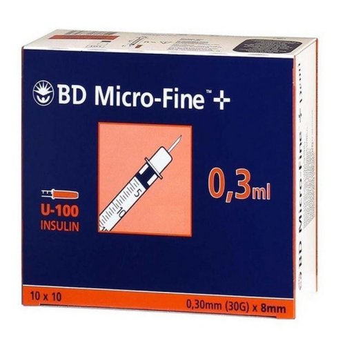BD Micro Fine Plus 0.3ml U100 30G 8mm x 100 - BD Micro-Fine Demi 0.3ml Syringe 0.3mm x 8mm