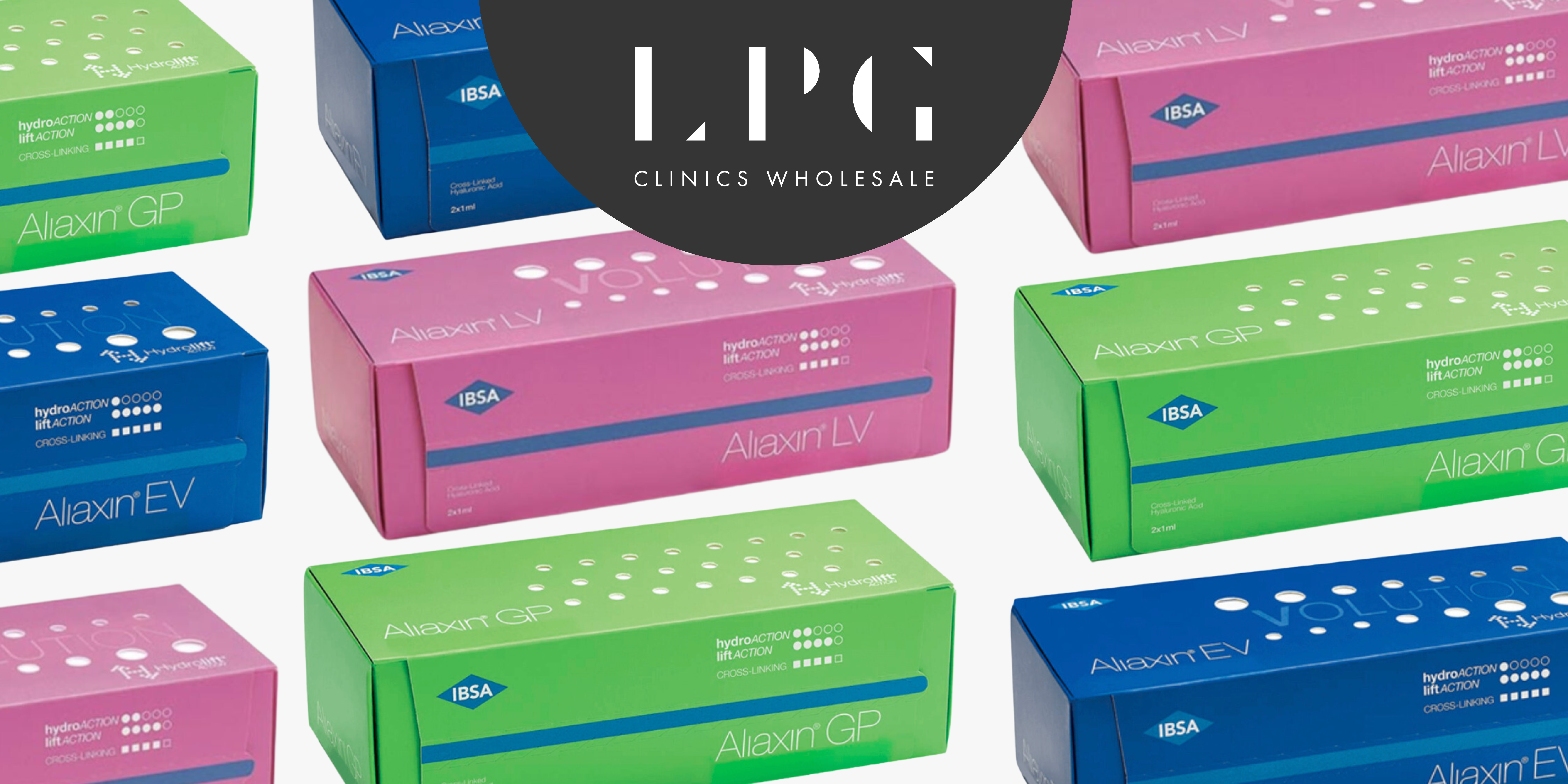 Graphic displaying Aliaxin dermal range collection at LPG Clinics Wholesale. 