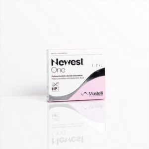 A box of "Newest One" skincare product by Mastelli is shown against a white background. The packaging is primarily white with a pink accent on the right side. The text on the box reads "Newest One" in bold black letters, followed by smaller text that says "Polynucleotides + Active Hyaluronic Acid" and "HPT." The Mastelli logo is displayed at the bottom right corner.