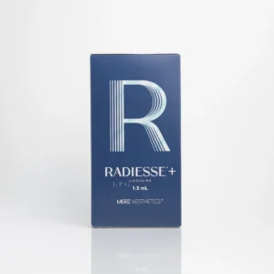 RADIESSE+ box with blue design, highlighting "R" and containing 1.5 mL of lidocaine by Merz Aesthetics.