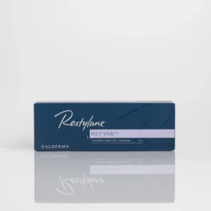 Restylane Refyne box labeled "Injectable Gel with Lidocaine, 1 mL" on reflective surface with plain background.