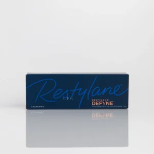 Blue box of Restylane Defyne injectable gel with Lidocaine, labeled with product name and manufacturer Galderma.