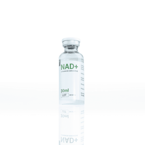 A clear glass vial labeled 'NAD+ 30ml' standing upright against a white background with a subtle reflection below it.