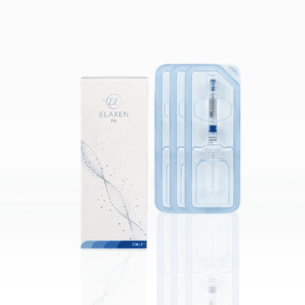 Packaging of Elaxen PN, a 2.5 ml injectable product, showing a white and blue box with a DNA strand design, alongside three individually sealed syringes in transparent blue blister packs.