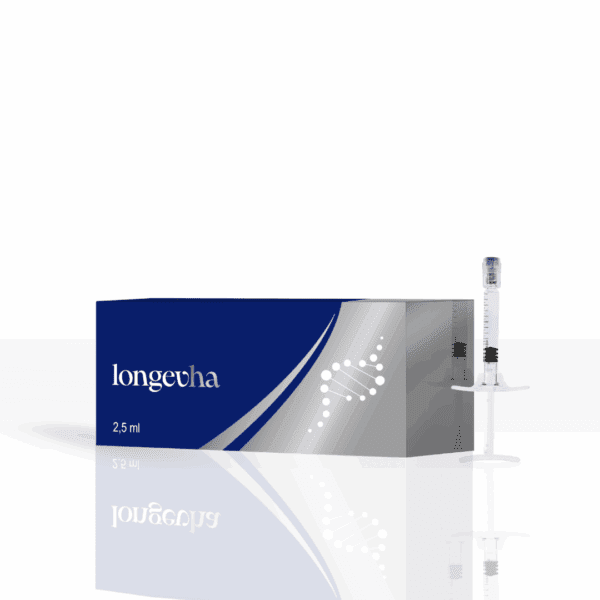 Product packaging of Longeva, a 2.5 ml medical or cosmetic injectable, featuring a sleek blue and silver box design with a DNA helix graphic and a clear syringe standing upright beside it.