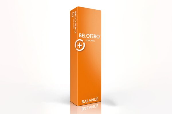 A box of Belotero Balance with lidocaine, featuring an orange design with the brand name "BELOTERO" and "Balance" prominently displayed, along with a plus sign symbol and the word "lidocaine" on the packaging.