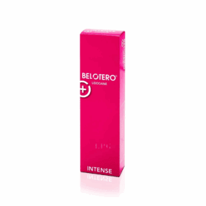 A pink box of Belotero Intense with Lidocaine, a dermal filler product, featuring the brand logo and text indicating its intensity level.