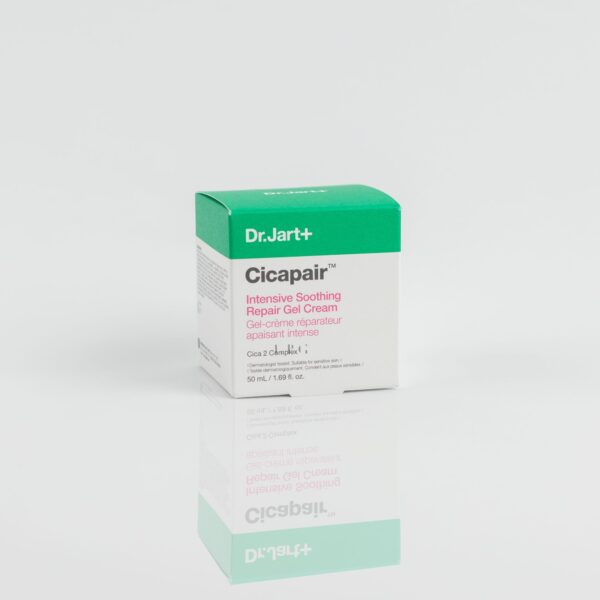 A product image of Dr Jart+ Cicapair Intensive Soothing Repair Gel Cream, featuring a green box with the text "Dr.Jart+ Cicapair™ Intensive Soothing Repair Gel Cream" and "50 ml / 1.69 fl. oz.