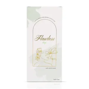A product image of Flawless Deep, a premium dermal filler with a green and white box featuring the text "Flawless Deep" and "with Lidocaine," along with a floral design and the specification "1ml x 2ea."