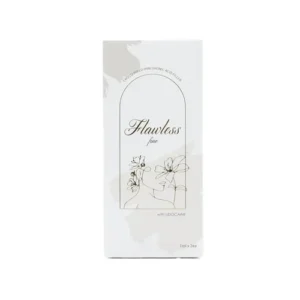 A product image of Flawless Fine, a hyaluronic acid dermal filler with a light gray and white box featuring the text "Flawless Fine" and "with Lidocaine," along with a floral design and the specification "1ml x 2ea."