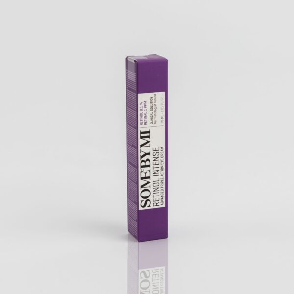 A product image of Some By Mi Retinol Intense Triple Action Eye Cream, featuring a purple box with the text "SOME BY MI RETINOL INTENSE Advanced Triple Action Eye Cream" and "20ml."