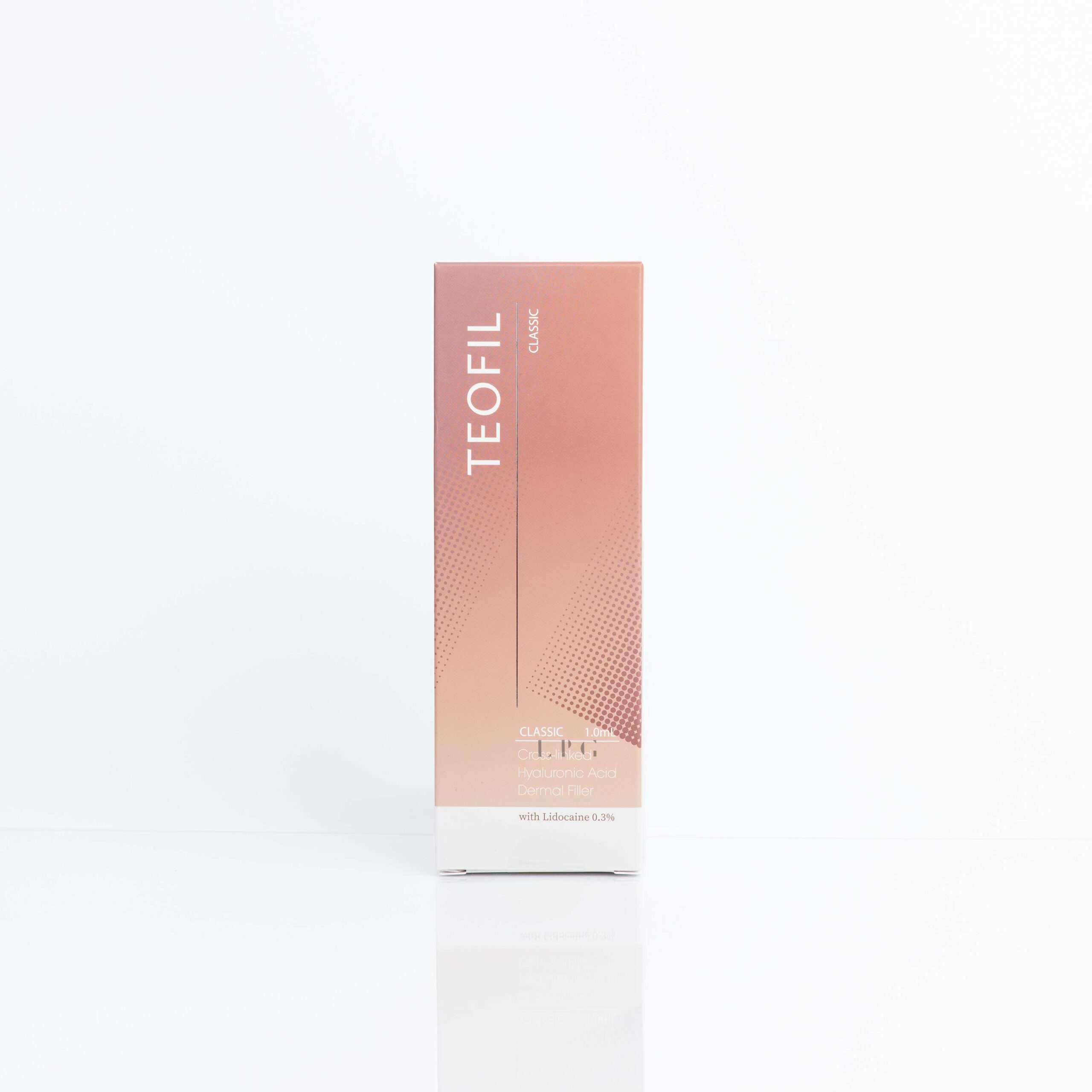 A product image of Teofil Classic, a monophasic HA filler with a highly consistent gel structure and enhanced viscoelasticity, featuring a pink and white box with the text "TEOFIL Classic" and "Contains Lidocaine" and "20mg Hyaluronic Acid / ml" printed on it.