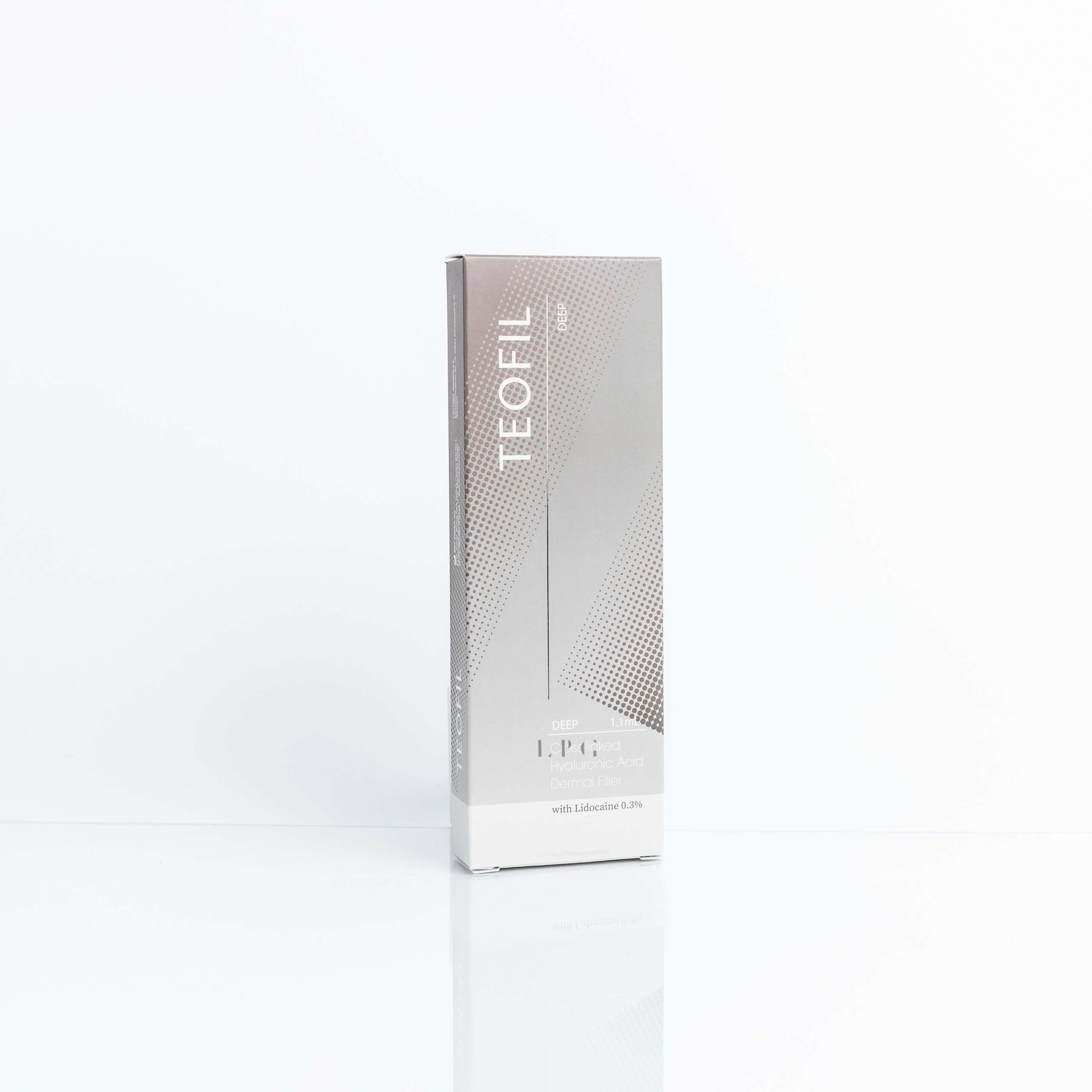 A product image of Teofil Deep, a monophasic HA filler with a highly consistent gel structure and enhanced viscoelasticity, featuring a gray and white box with the text "TEOFIL Deep" and "Contains Lidocaine" and "20mg Hyaluronic Acid / ml" printed on it.
