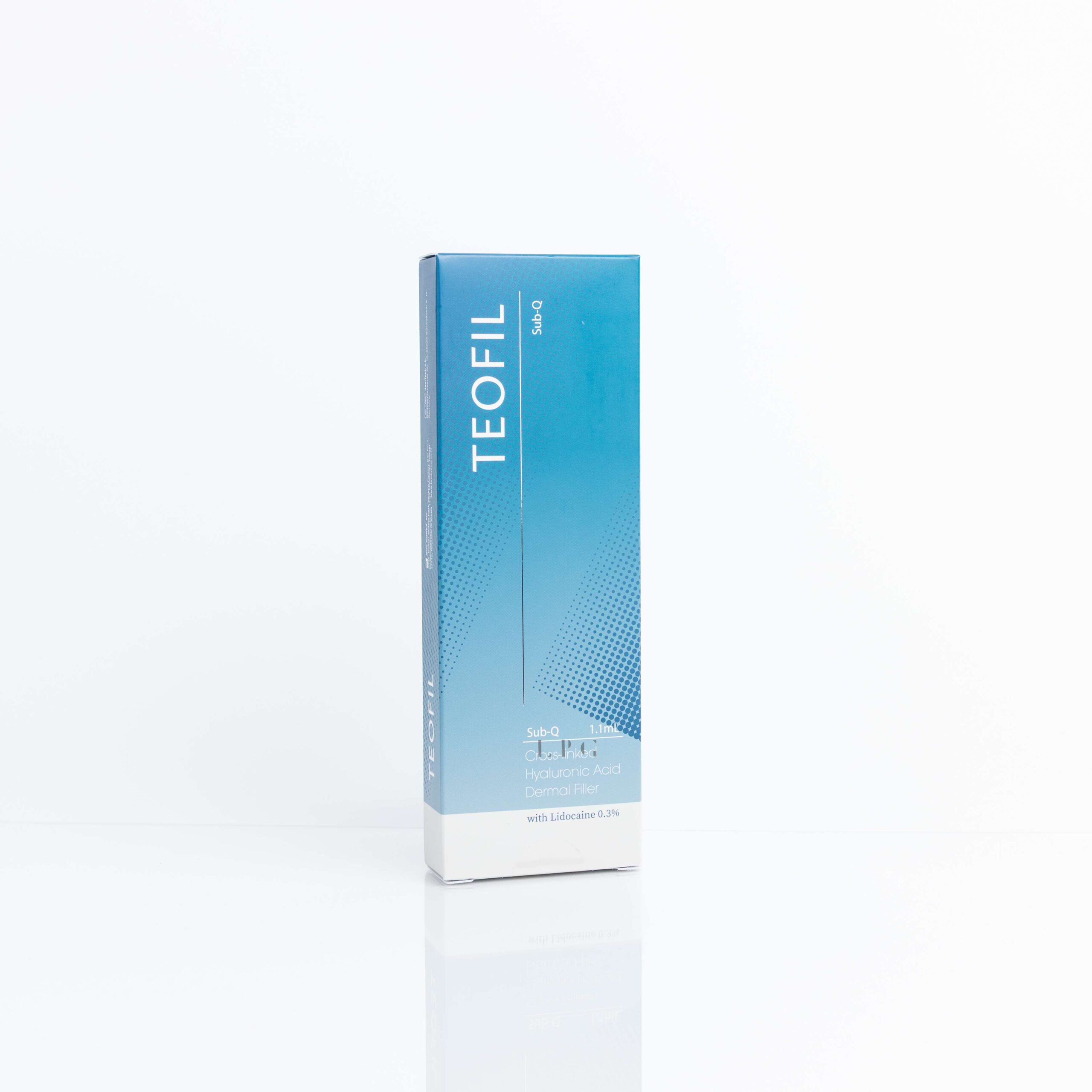 A product image of Teofil Sub Q, a monophasic HA filler with a highly consistent gel structure and enhanced viscoelasticity, featuring a blue and white box with the text "TEOFIL SUB-Q" and "Contains Lidocaine" and "20mg Hyaluronic Acid / ml" printed on it.