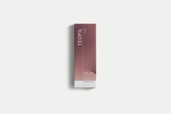 A product image of Teofil Classic, a monophasic HA filler with a highly consistent gel structure and enhanced viscoelasticity, featuring a pink and white box with the text "TEOFIL Classic" and "Contains Lidocaine" and "20mg Hyaluronic Acid / ml" printed on it.
