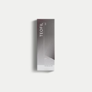 A product image of Teofil Deep, a monophasic HA filler with a highly consistent gel structure and enhanced viscoelasticity, featuring a gray and white box with the text "TEOFIL Deep" and "Contains Lidocaine" and "20mg Hyaluronic Acid / ml" printed on it.