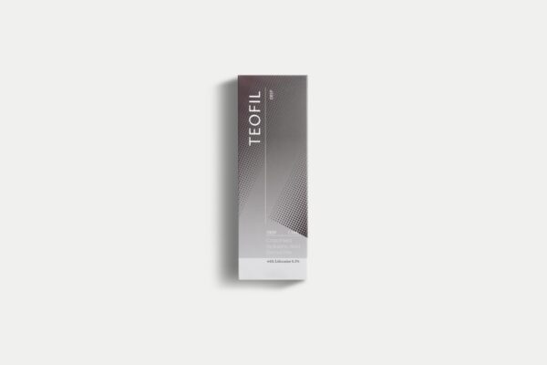 A product image of Teofil Deep, a monophasic HA filler with a highly consistent gel structure and enhanced viscoelasticity, featuring a gray and white box with the text "TEOFIL Deep" and "Contains Lidocaine" and "20mg Hyaluronic Acid / ml" printed on it.