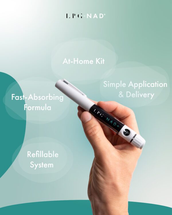 Hand holding the LPG NAD+ injection pen, part of the 3-month supply pack with three refillable pens for simple at-home use.