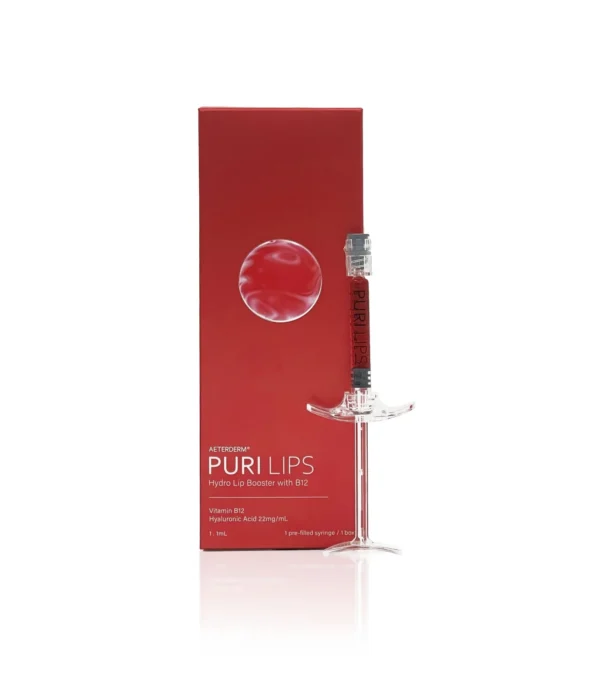 Puri Lips Hydro Lip Booster by AETEDERM, red box with syringe, featuring 22mg HA and Vitamin B12 for hydration and plumping