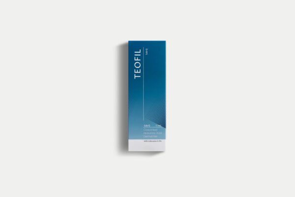 A product image of Teofil Sub Q, a monophasic HA filler with a highly consistent gel structure and enhanced viscoelasticity, featuring a blue and white box with the text "TEOFIL SUB-Q" and "Contains Lidocaine" and "20mg Hyaluronic Acid / ml" printed on it.