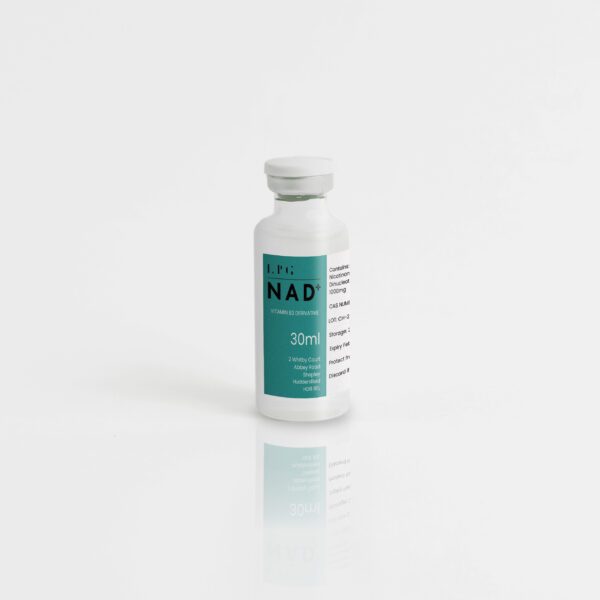 A 30ml vial of LPG NAD+ 1000mg, a premium IV supplement designed to boost energy and support DNA repair, with a teal and white label featuring product details and storage instructions.