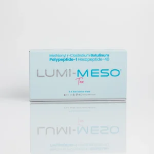 LUMI-MESO box containing five 5ml sterile vials, labeled with ingredient details and brand information.