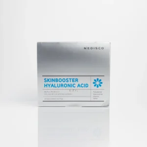 Silver box labeled "SKINBOOSTER HYALURONIC ACID" containing 10 vials, with ingredient details on the front.