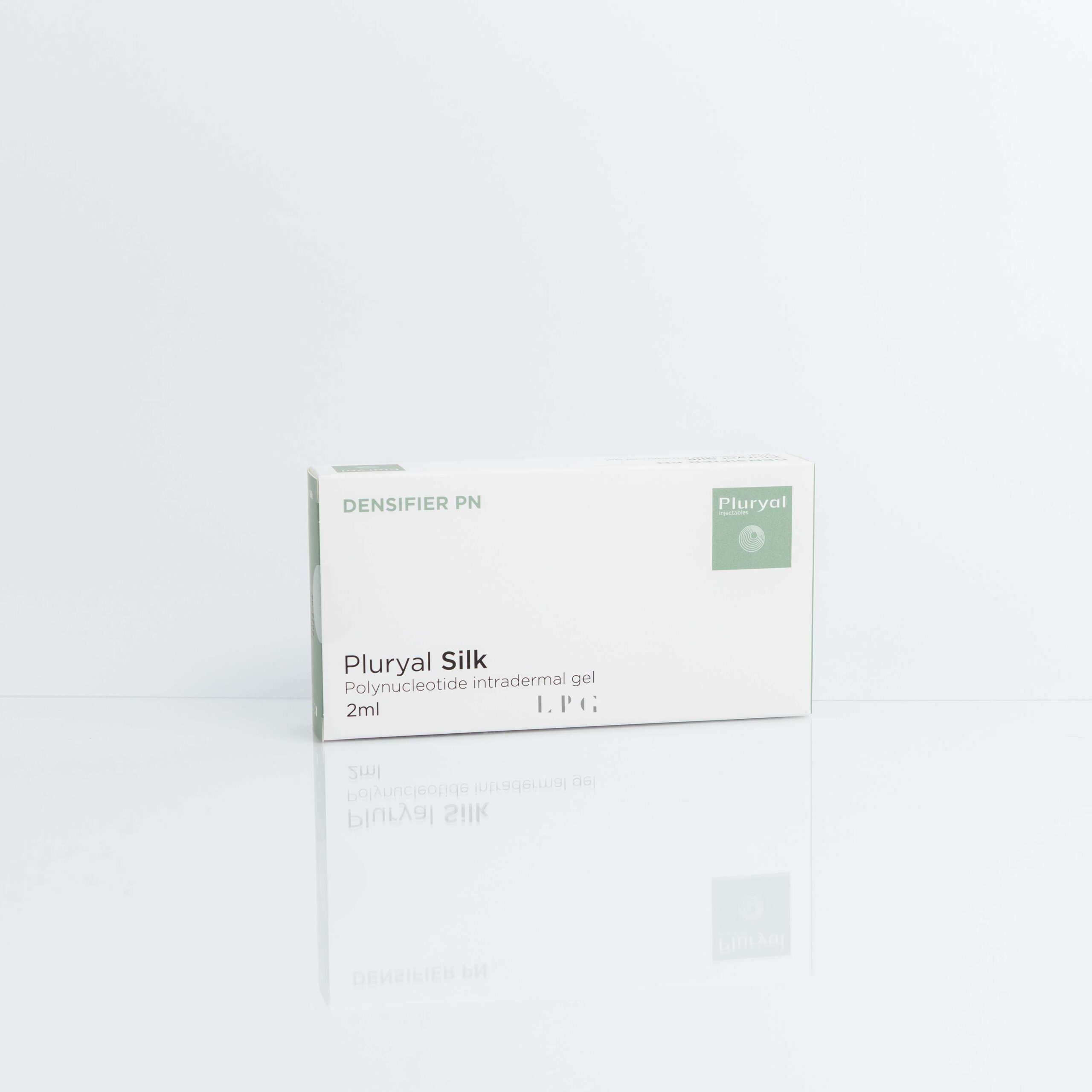 Pluryal Silk 2ml product box packaging – high-purity polynucleotide and hyaluronic acid intradermal gel for skin hydration, elasticity, fine line reduction, and scar repair