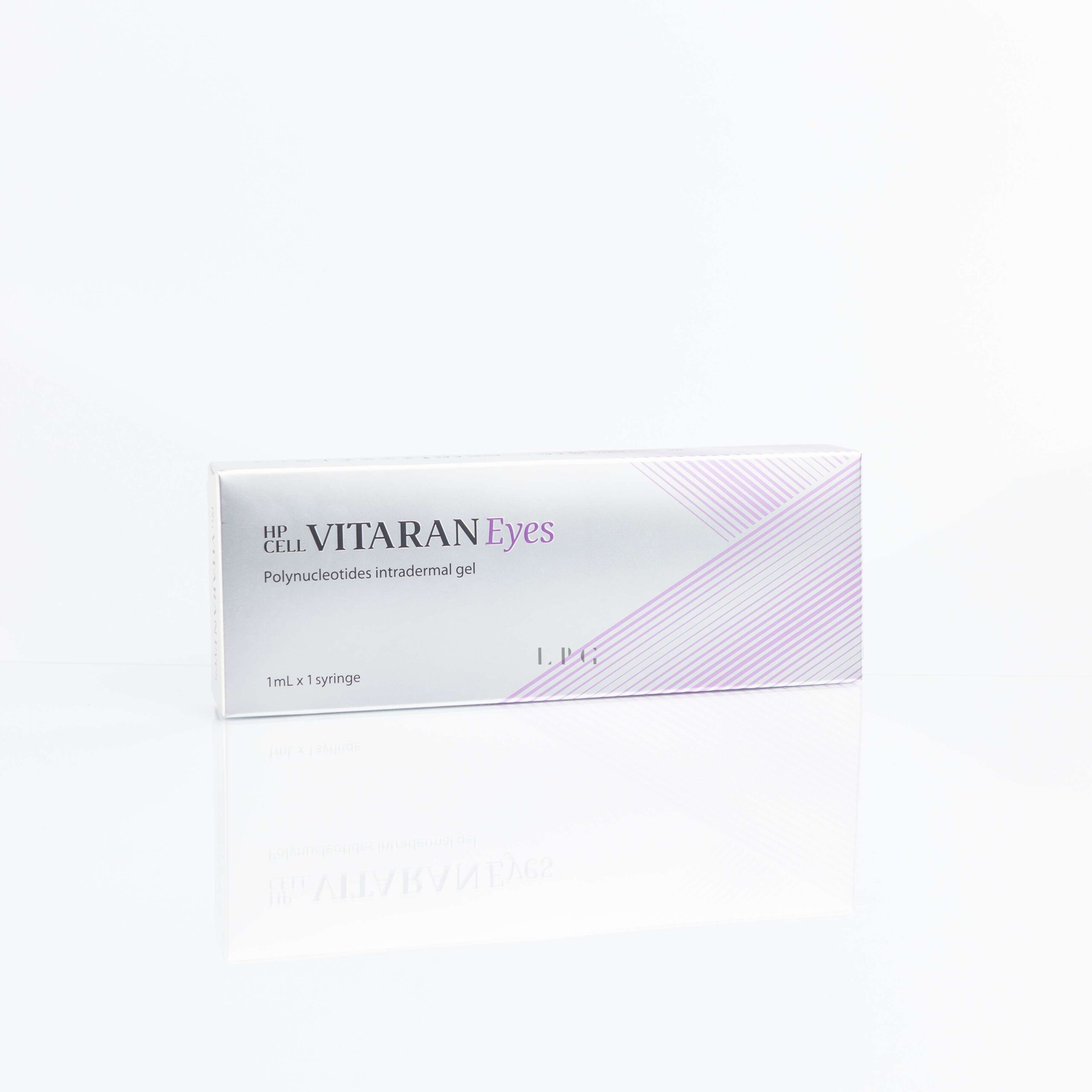 Product box for HP CELL VITARAN Eyes, a polynucleotides intradermal gel. The box is white with purple text and diagonal stripes, stating '1mL x 1 syringe'.