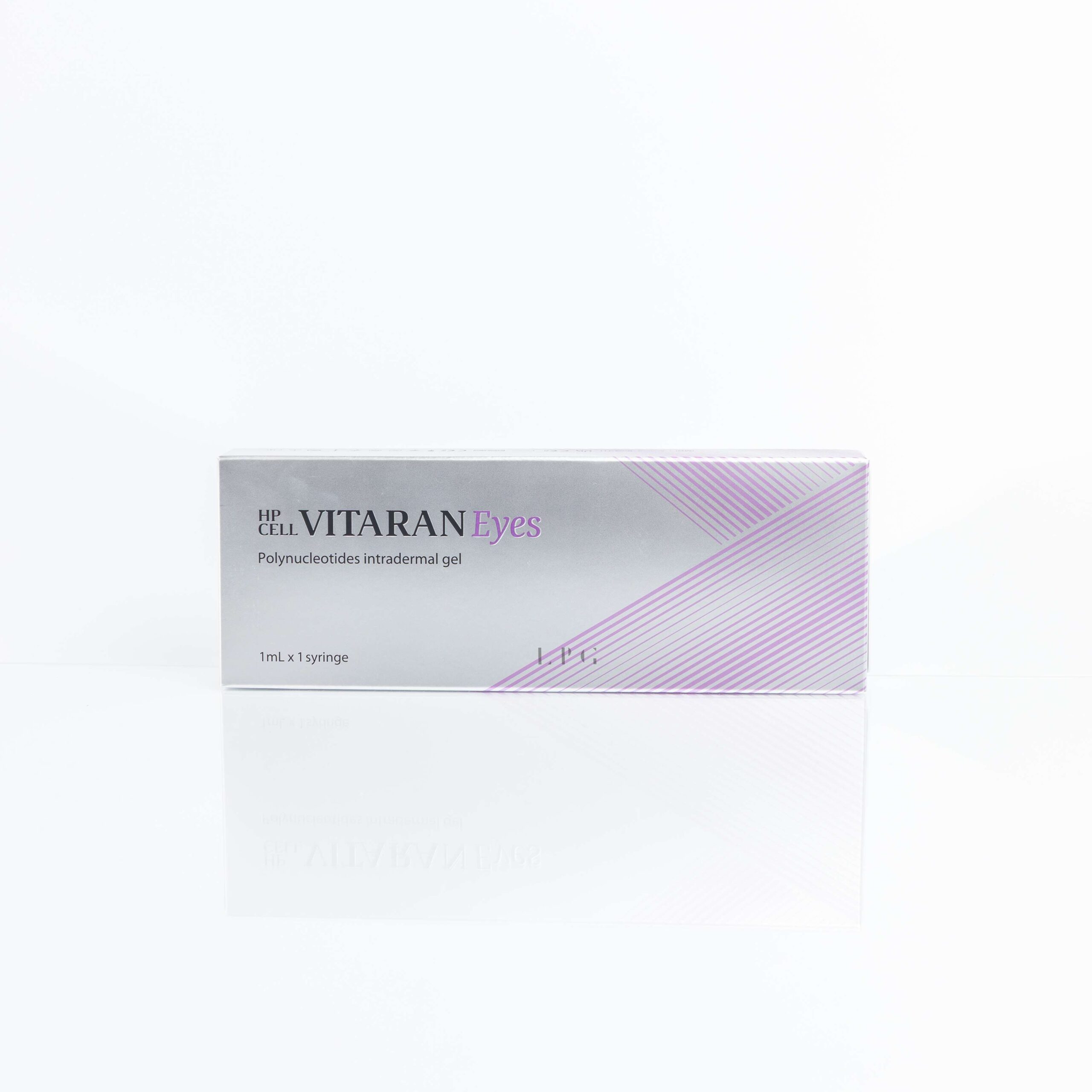 Product box for HP CELL VITARAN Eyes, a polynucleotides intradermal gel. The box is white with purple text and diagonal stripes, stating '1mL x 1 syringe'.