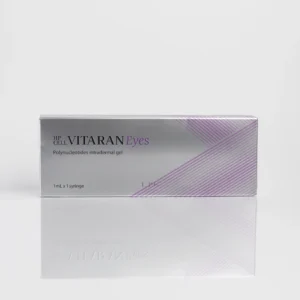 Product box for HP CELL VITARAN Eyes, a polynucleotides intradermal gel. The box is white with purple text and diagonal stripes, stating '1mL x 1 syringe'.