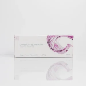 Box packaging for Ameela Rejuvenation Polymerised Polynucleotide-Based Gel aesthetic treatment, featuring a purple water splash graphic and labeled 1x2mL.