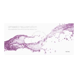 Box packaging for Ameela Rejuvenation Polymerised Polynucleotide-Based Gel aesthetic treatment, featuring a purple water splash graphic and labeled 1x2mL.