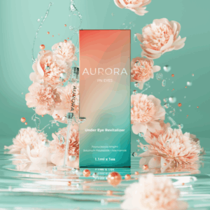 Aurora PN Eyes under-eye revitalizer product box with gradient red-to-green design, featuring a syringe, surrounded by peach-colored paper flowers and water splashes on a mint green background. Text reads "Under Eye Revitalizer" and "1.1ml x 1ea