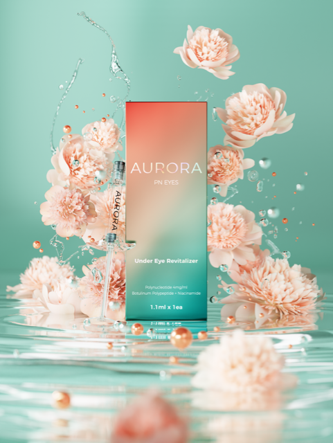 Aurora PN Eyes under-eye revitalizer product box with gradient red-to-green design, featuring a syringe, surrounded by peach-colored paper flowers and water splashes on a mint green background. Text reads "Under Eye Revitalizer" and "1.1ml x 1ea