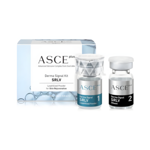 ASCE Plus Derma Signal Kit SRLV wholesale packaging featuring one silver-capped lyophilized powder vial and one white-capped diluent vial next to the product box.