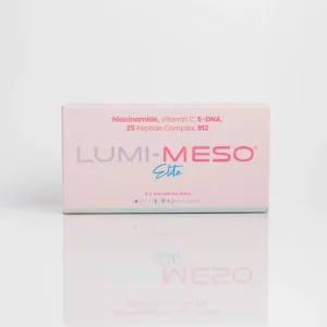 LUMI-MESO Elite box featuring product name and ingredients: Niacinamide, Vitamin C, S-DNA, 25 Peptide Complex, B12.