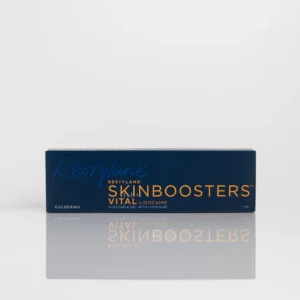 Blue and gold box of Restylane Vital Lidocaine skinbooster (1ml syringe), from Galderma – stabilized hyaluronic acid gel with lidocaine for deep hydration, elasticity, firmness, texture improvement & radiance in face, neck, décolletage & hands for professional clinic treatments.