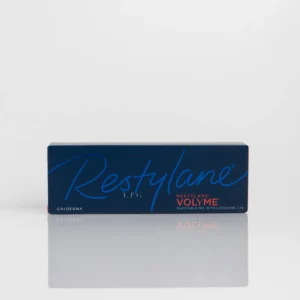 Blue box labeled "Restylane Volyme" with white and red text on a reflective surface.