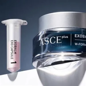 ASCE Plus EXOBALM silver and blue glass jar next to a clear Exo Capsule 1 containing pink lyophilized exosome powder.
