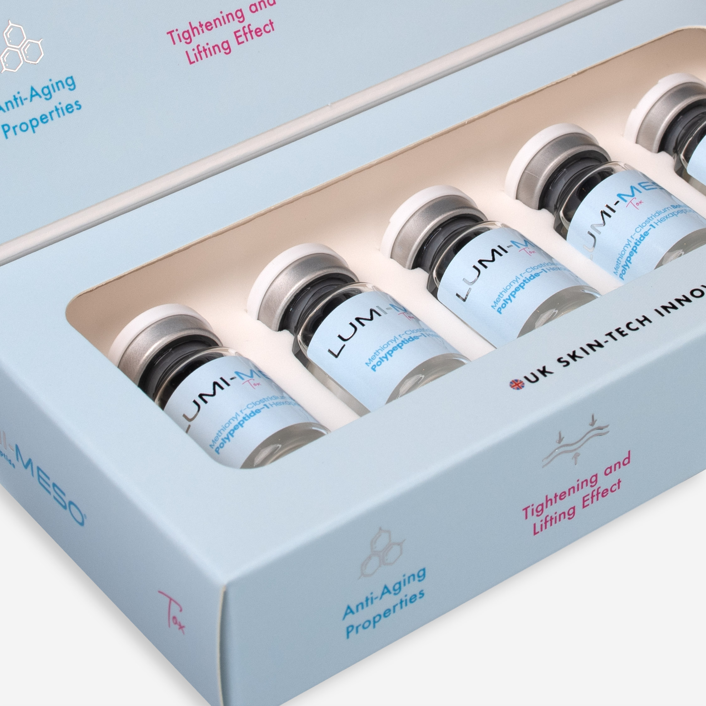 Box of LUMI-MESO Tox professional microneedling serum containing 5 x 5ml light blue vials, featuring advanced peptides for anti-aging, tightening, lifting effects – reduces fine lines & wrinkles for smoother, firmer skin in clinic treatments.