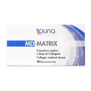 White and purple box of Guna MD-Matrix Collagen Medical Device containing 10 vials for professional aesthetic and physiological tissue support.