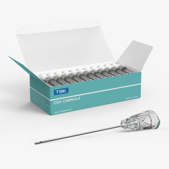 Open teal and white box of TSK CSH Cannulas for professional aesthetic use next to a single sterile 25G x 38mm blunt-tip cannula.