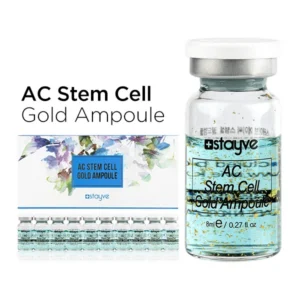 Stayve AC Stem Cell Gold Ampoule box and 8ml vial – blue packaging with gold flecks, plant stem cell formula for acne treatment and skin regeneration in professional clinics
