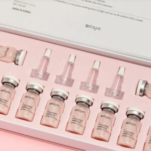 Stayve Collagen Gold Ampoule kit box and 10x8ml vials – pink packaging with floral design, hydrolysed collagen formula for skin firming, hydration and anti-ageing in professional clinics
